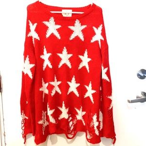 Distressed L red sweater with white stars